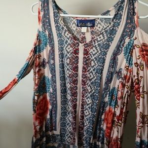 blue rain printed off the shoulder top